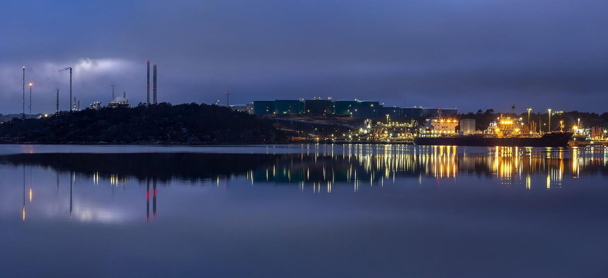 An energy processing facility at dusk